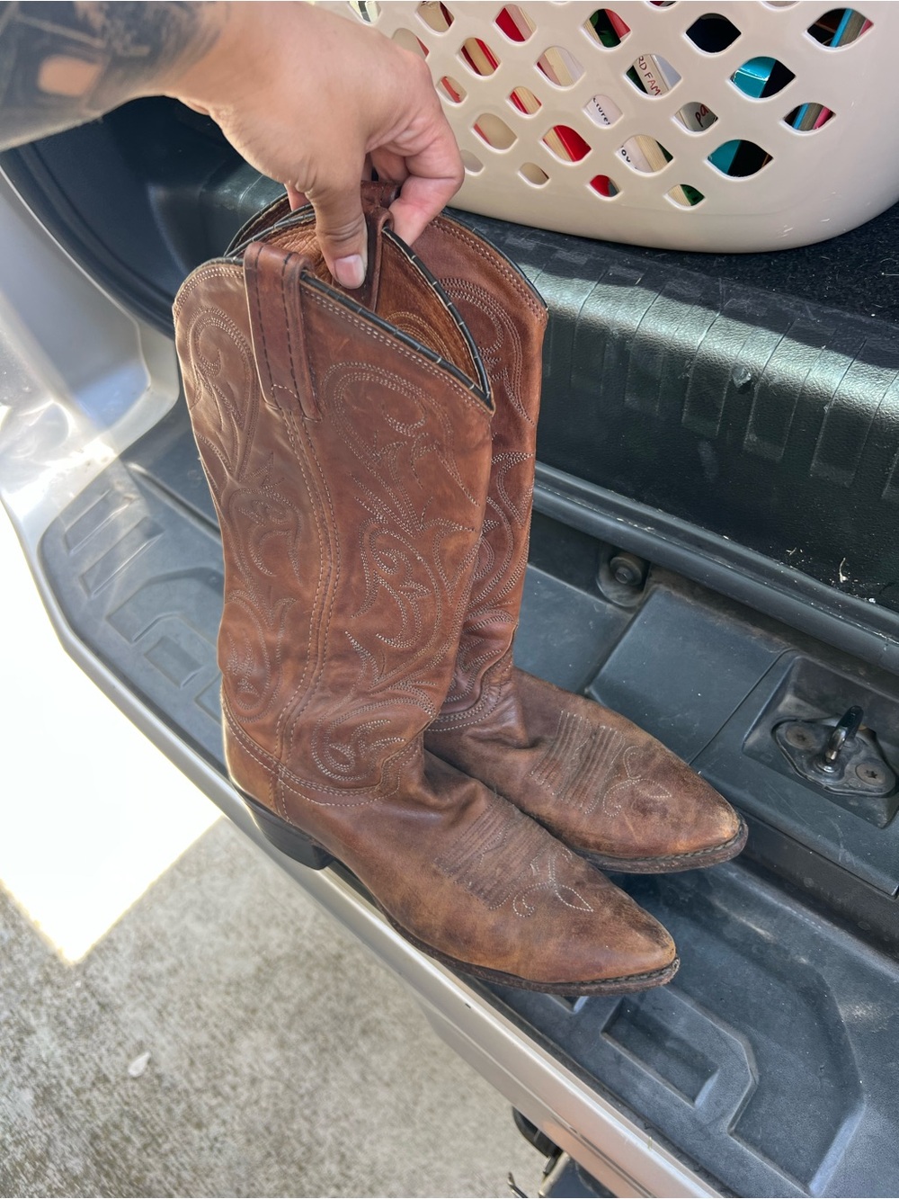 Dan Post Chestnut Brown Leather Western Boots with Embroidered Shaft